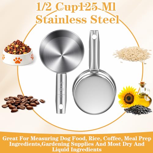 6 Pcs Stainless Steel Measuring Cups 1/2 Cup - 125ml Metal Scoops for Kitchen, Baking, Coffee & Pet Food, Dishwasher Safe & Rust-Proof