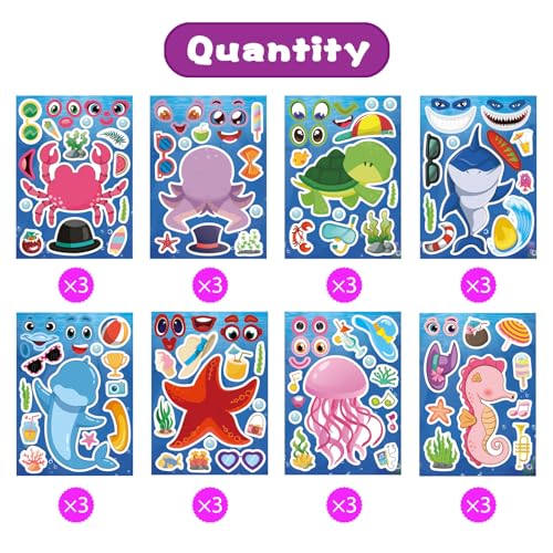 24 Sheets Ocean Stickers for Kids, Make Your Own Sea Animal Mix and Match Sticker Sheets, Make a Face Stickers for Kids Activities Supplies Crafts - style: Ocean Animal Stickers