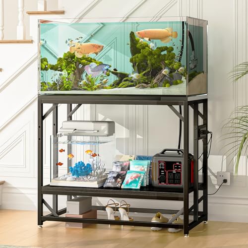 40 Gallon Fish Tank Stand with Power Outlets, Adjustable Aquarium Stand, Heavy Duty Terrarium Stand, Metal reptile tank stand, Suitable for Home Office,660LBS Capacity, Black - color: Black, size: 40 Gallon