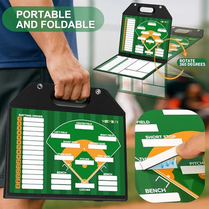 Magnetic Baseball Lineup Board, Foldable Clipboard for Coaches | Foldable lineup board with built-in handle, leather-covered surface. Baseball & softball coaching tool for dugout planning. - style: Baseball