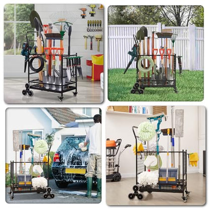 Lauren&Harold Garden Tool Organizer with 2 Stair-Climbing Wheels for Garage Storage, Garden Tool Rack, Up to 35 Long-Handled Tools, Rakes/Shovels/Yard Tools Storage Stand for Shed, Lawn and Outdoor