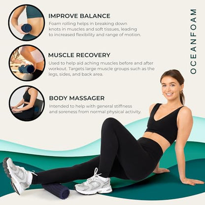 Oceanfoam Ripple Travel Foam Roller (11" x 3.35") Firm Mini Foam Roller for Physical Therapy, Deep Tissue Massage, Back Pain, High Density, Ergonomic Wave Textured, Yoga, Pilates, Exercise (Dark Navy) - color: Dark Navy