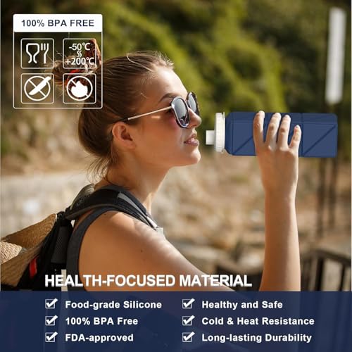 BEAUTAIL Collapsible Water Bottles 21oz/610mL, Silicone Travel Water Bottle | BPA Free, Leakproof & Reusable, Foldable Water Bottle for Traveling, Hiking, School, Sports, Outdoor, 2-Pack, Blue+DarkBlue - color: Dark Blue+Blue