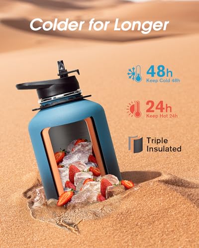Coolflask Half Gallon Water Bottle Insulated Stainless Steel with Strap - color: Blue, size: 64 Ounces