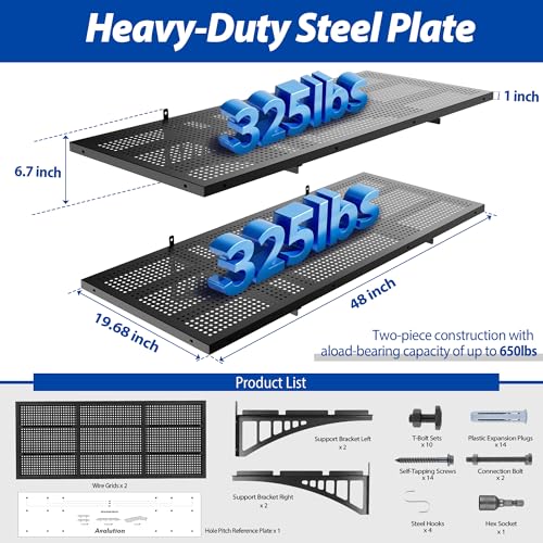 Avalution 2 Pack 1.64x4ft Garage Shelving Wall Mounted with Hooks,650lbs - size: 2 pack-1.64*4ft