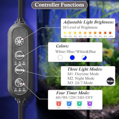 Dirvin 11W LED Fish Tank Light with Timer, Submersible Aquarium Light, 24/7 Mode Sunrise-Daylight-Moonlight and 3 Colors Adjustable Brightness, Auto On/Off, 22.8in - size: 22.8in