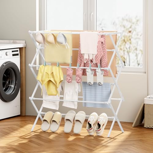 KINGBOARD 3-Tier Extendable Clothes Drying Rack, Small & Foldable, White | 37.4"H x 33.8"W x 11.2"D, Space-Saving Collapsible, Easy Assembly, Rust-Resistant Iron Frame, Indoor Outdoor Use, 25lb - color: White