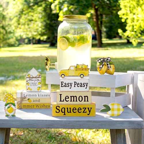 11 Pcs Lemon Table Decorations Set Lemon Tiered Tray Decor Summer Wooden Top Farmhouse Rustic Wooden Coffee Table Centerpieces for Home Kitchen Office Decorations - style: Lemon