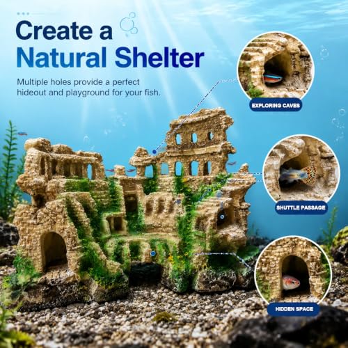 Antique Roman Column Ruins Aquarium Decor, Greek Aquarium Decorations, European Castle&Underground Roman Column Fish Tank Cave, Large Rock Cave Hideout, Safe for Freshwater & Saltwater Tanks