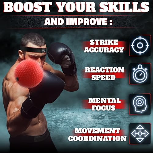 BURIUS Boxing Reflex Ball Set, 4 Balls and 2 Headbands, Reaction Training | Sharpens Hand-Eye Coordination, Hand Speed, and Focus - Same-Weight, Adjustable Kit Made for Beginner to Advanced Solo Drills