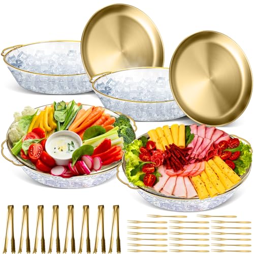 4 Sets 11.8" Chilled Serving Tray for Parties Round Iced Platter with Ice Underneath Stainless Steel Clip Fruit Fork Shrimp Cocktail Serving Dish for Oysters Crawfish Fruits (Gold) - color: Gold