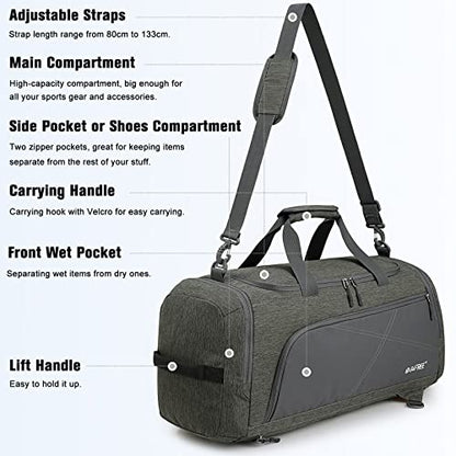G4Free 45L/60L 3-Way Duffle Backpack Gym Bag with Wet Pocket & Shoes Compartment Sports Travel Weekender Overnight Duffel Bag - color: Grey, size: 45l