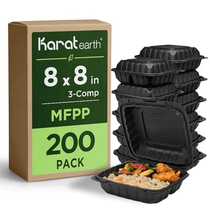 KARAT EARTH Clamshell Take Out Food Containers [8"x8" - 200 ct] To Go Containers | 3 Compartment, Soak-Resistant, Durable, Stackable | Vented for Hot/Cold Foods, Black