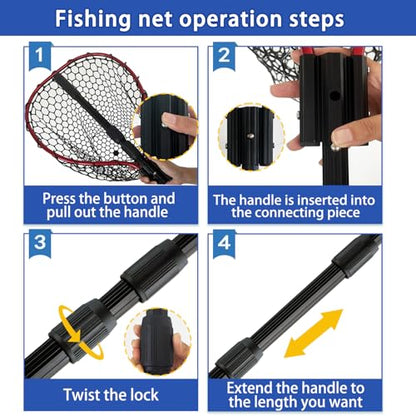 Telescoping Metal Lock Fishing Net with Handle Red Green 64" 52" Rubber Fish Net - Adjustable Length Lightweight Foldable Large Big Collapsible Extendable Fishing Net - color: upgraded metal lock(3-section pole)