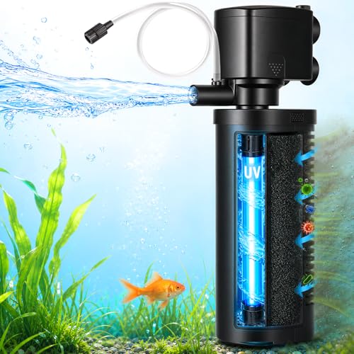 COOSPIDER 200GPH Aquarium Filter with 5W U-V Light for 30-100 Gallon | Fish Tank Filter for Green Control, Internal 11W Pump for Turtle Tank, Small Pond, Pool Filter, Cold Plunge Ice Bath Hot Tub - size: CTUV-H6F (30-100Gallon)