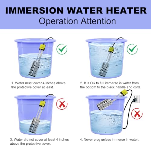 1000W Electric Immersion Heater, Bucket Water Heater with 304 Stainless-Steel Guard, Submersible Bucket Heater with Thermostat and Auto Shutoff, Heats 5 Gallons Water in Minutes