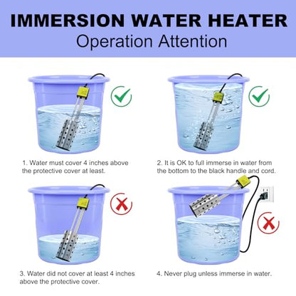 1000W Electric Immersion Heater, Bucket Water Heater with 304 Stainless-Steel Guard, Submersible Bucket Heater with Thermostat and Auto Shutoff, Heats 5 Gallons Water in Minutes