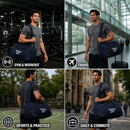 Reebok Lightweight Unisex Carry On Gym Duffle Bag for Men & Women, Sports - color: Cade - Navy Silver