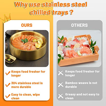 11in Gold Stainless Steel Ice Chilled Serving Trays, Appetizer Cold Serving Tray Platter with Ice, Iced Serving Tray for Parties, Cooling Shrimp Cocktail Serving Dish for Food Fruit (28cm)