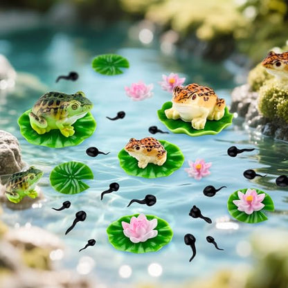 30 Pcs Mini Resin Pond Accessories Miniature Floating Lotus Water Lily Pads Tiny Frog Tadpole Figurines for Aquarium Fairy Garden Bonsai Pond Pool Home Outdoor Water Decor DIY Crafts