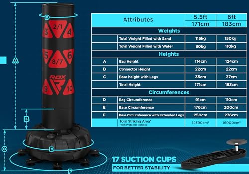 RDX XXL 330LBS Target Freestanding Punching Bag with Cover & Gloves – 72” Adult Heavy Pedestal Punch Bag Set - 17 Suction Cup 8 Extended Legs Stand Base - Kick Boxing MMA Muay Thai Home Gym Fitness - color: RED, size: 5.5FT
