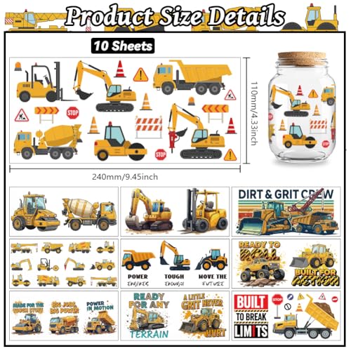 UV DTF Cup Wraps Transfer Stickers Construction Vehicles Pattern, 10 Sheets Waterproof Custom Vinyl Transfer Sticker 16oz Coffee Glass Cup Tumbler Bottle Mug Decals for Men Women - style: Construction Vehicles