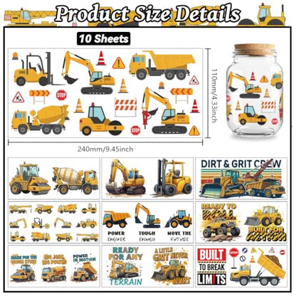 UV DTF Cup Wraps Transfer Stickers Construction Vehicles Pattern, 10 Sheets Waterproof Custom Vinyl Transfer Sticker 16oz Coffee Glass Cup Tumbler Bottle Mug Decals for Men Women - style: Construction Vehicles