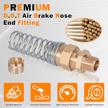 4Pcs Brass 3/8” Air Hose Fittings DOT Air Fittings with Spring Guards, 3/8” Male Connector for Rubber Tube, Air Brake Hose End Fittings, with 8Pcs Fitting Sleeve Tubes
