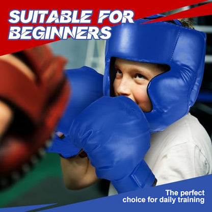 Kanayu 12 Pcs Kids Boxing Gear Set Helmet Gloves Hand Wraps - color: Blue, Red