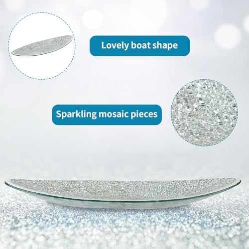 Small Glass Mosaic Decorative Silver Boat Shaped Tray, Living Room Table Centerpiece Bowl, Home Decor Accent Plate for Orbs, Candles, Potpourri