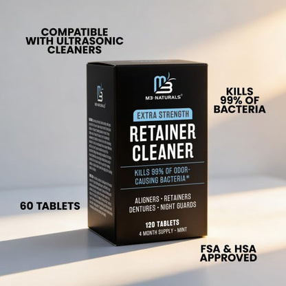 Retainer Cleaner Tablets, Denture Cleaner, Mint, 4 Month Supply by M3 | Compatible with Retainer Cleaner Machine & Ultrasonic Retainer Cleaner, Helps Remove Tough Stains, Buildup, Odors & Plaque - size: 120 Count (Pack of 1)