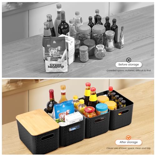 4 Packs Storage Bins with Bamboo Lids - Plastic Storage Containers with Lids Stackable Storage Box: Storages Baskets for Organizing Desktop Closet Playroom Classroom Office, Black