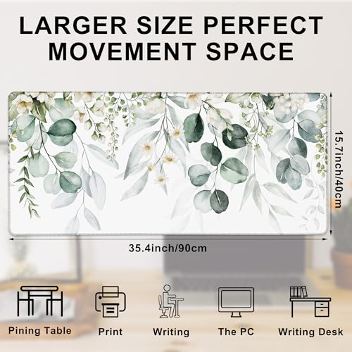 Desk Mat, Watercolor Eucalyptus Leaves and Peony Large Extended Gaming Mouse Pad,Waterproof Non-Slip Rubber Base and Stitched Edges Desk Pad for Work Game Office Home 35.4x15.7in - color: Colour3