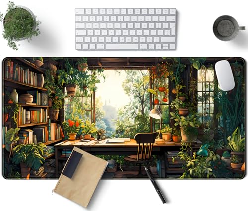 Green Plant Lovers Cute Desk Mat, Kawaii Desk Pad XXL Large Extended Lofi Mouse Pad Gaming Anime Mousepad, Big Laptop Computer Keyboard and Mouse Mat for Girl Women Office Desk Decor 31.5x15.7 in - color: Green Plant Lovers