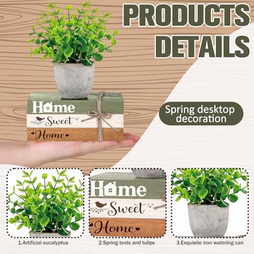 4 Pcs Spring Table Centerpieces with Fake Eucalyptus Pot Plant Home Sweet Home Decoration Farmhouse Tiered Tray Tabletop Decor Wooden Stack Book Block Sign for Desk Shelf Housewarming Gift - style: Classic