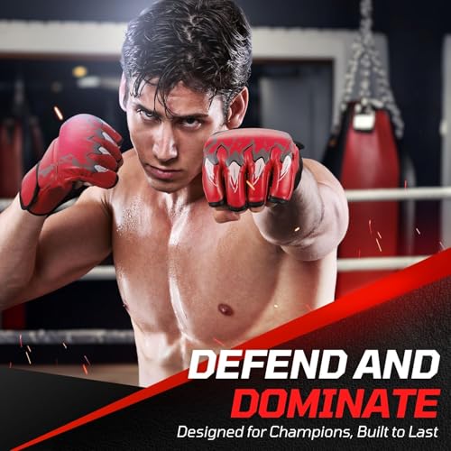 Flexzion MMA Gloves Fingerless Boxing Gloves for Men Women and Teen Youth, UFC Grappling Krav MAGA Kickboxing Gloves for Training Punching Bag Muay Thai Hitting Mitts Cutoff Martial Art Gloves - color: Red