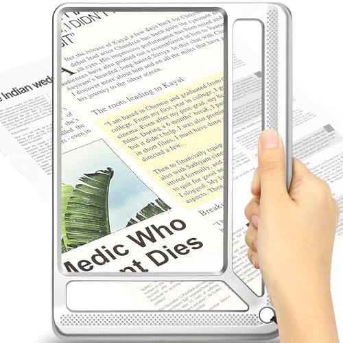 AKKYCVS 5X Full Page Magnifying Glass for Reading, Lightweight Rectangular Magnifier Provides Large Book Page Viewing Area, Handheld Magnifier for Reading Small Prints for Seniors, Low Vision-Silver - color: Silver