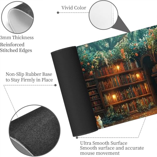 Forest Library Desk Mat Secret Garden Cat Fairy Tale Light Mousepad XL Large Gaming Mouse Pad Laptop Keyboard Mat Desk Pad For Office Desktops, Home Workstations, and Laptops 31.5x11.8 Inch