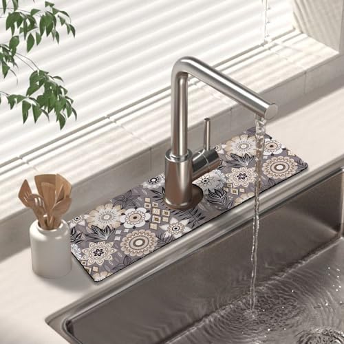 Kitchen Sink Splash Guard Faucet Mat 15" X 5.5" Boho Floral Absorbent Fast Drying Mat Faucet Draining Mat Sink Splash Guard Behind Faucet Drip Catcher for Kitchen Bathroom - color: boho flower, size: 15*5.5in