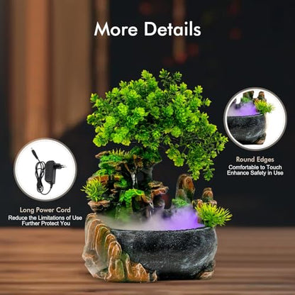 Tabletop Waterfall Fountain with Aquariums Plant Atomizing Humidifier Indoor Relaxation Desktop Fountain Waterfall with Led Light for Home Office Bedroom