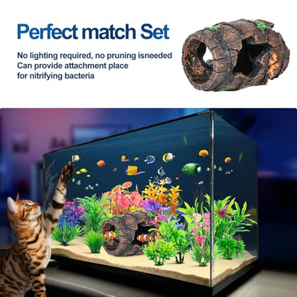 Fish Broken Barrel Decor Fish Tank Decorations Betta Fish Tank Accessories,Starfish Barrel x 1pc, Aquarium Plants x 11pcs - size: 12 Pcs
