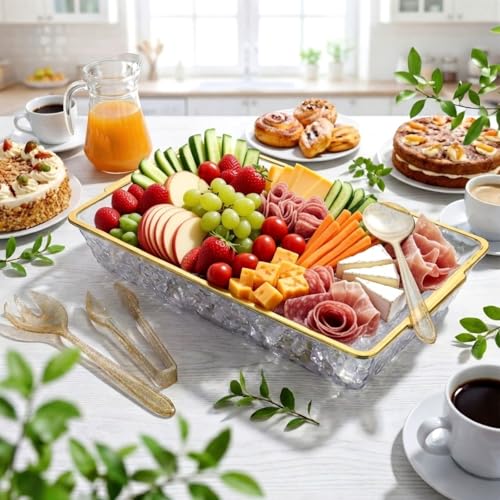 1 Set 16" x 9" Chilled Serving Tray for Parties with Compartments Ice Chilled Party Crudite Platter Charcuterie Serving Board Cold Dish Dip Tableware for Seafood Vegetable (Gold Glitter)