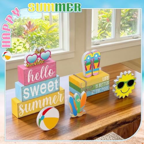 11 Pcs Summer Hawaiian Table Decorations Set Summer Tiered Tray Decor Flip Flops Centerpiece Faux Book Stack Block for Table Home Office Decorations - style: Pool