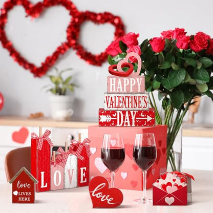 11 Pcs Valentine's Day Table Decorations Red Heart Tiered Tray Decor Love Centerpiece Pink Wooden Books Home Table Top Decor for Wedding Party Supplies - style: Love