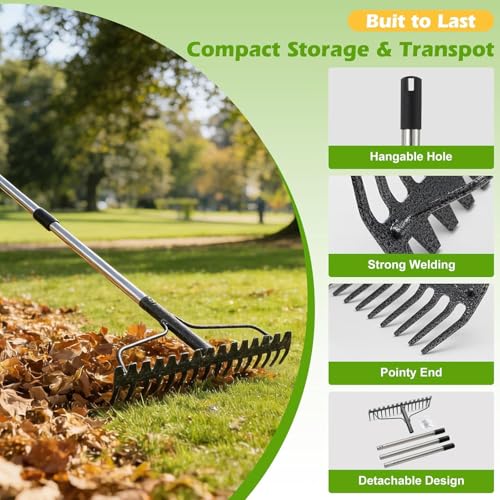 77-Inch Bow Rake, Heavy Duty Metal Garden Rake with 17 Tines & Adjustable Handle – Landscape Rake for Moving Gravel,Loosening Soil,Leveling Ground,Gathering Leaves,Spreading Mulch–Lawn Yard Farm Tool