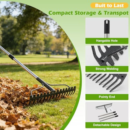 77-Inch Bow Rake, Heavy Duty Metal Garden Rake with 17 Tines & Adjustable Handle – Landscape Rake for Moving Gravel,Loosening Soil,Leveling Ground,Gathering Leaves,Spreading Mulch–Lawn Yard Farm Tool
