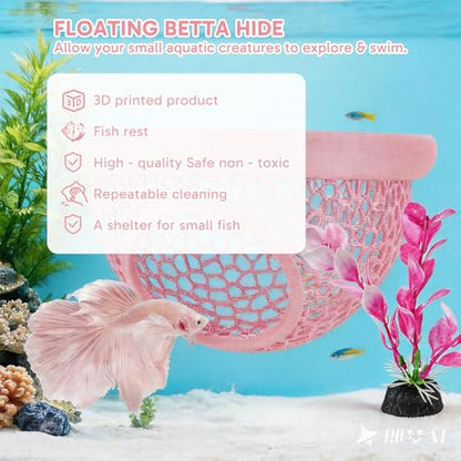 3 Pack Pink Fish Tank Decor Set, 1 Pcs Betta Hammock and 2 Pcs 4 Inch Artificial Aquarium Plants, Aquarium Accessories for Betta Fish, Shrimp and Small Fish, Ideal for Aquatic Pet Habitat