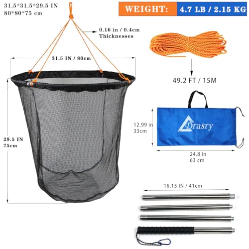 Large Collapsible Bridge Pier Fishing Net Landing Net with Rod, High Load Aluminum Ring Drop Net for Saltwater and Freshwater Pier Fishing Basket with 49.2 ft. Rope - color: Black, size: 31.5 x 31.5 x 29.5", style: Small Size Mesh