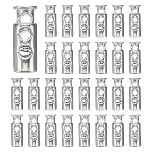 MECCANIXITY Cord Lock Plastic Spring Toggle Stopper Double Hole Elastic Cord Adjuster Fastener Slider for Drawstring Paracord Shoelaces Clothing Bags, Silver, Pack of 30