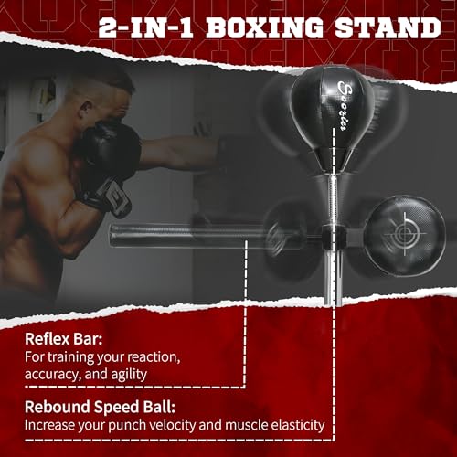 Soozier Free Standing Boxing Bag with Stand, Punching Speed Bag Reaction Bar Challenge with Suction Cups, 64-81in Adjustable Height for Teenagers and Adults - color: Black
